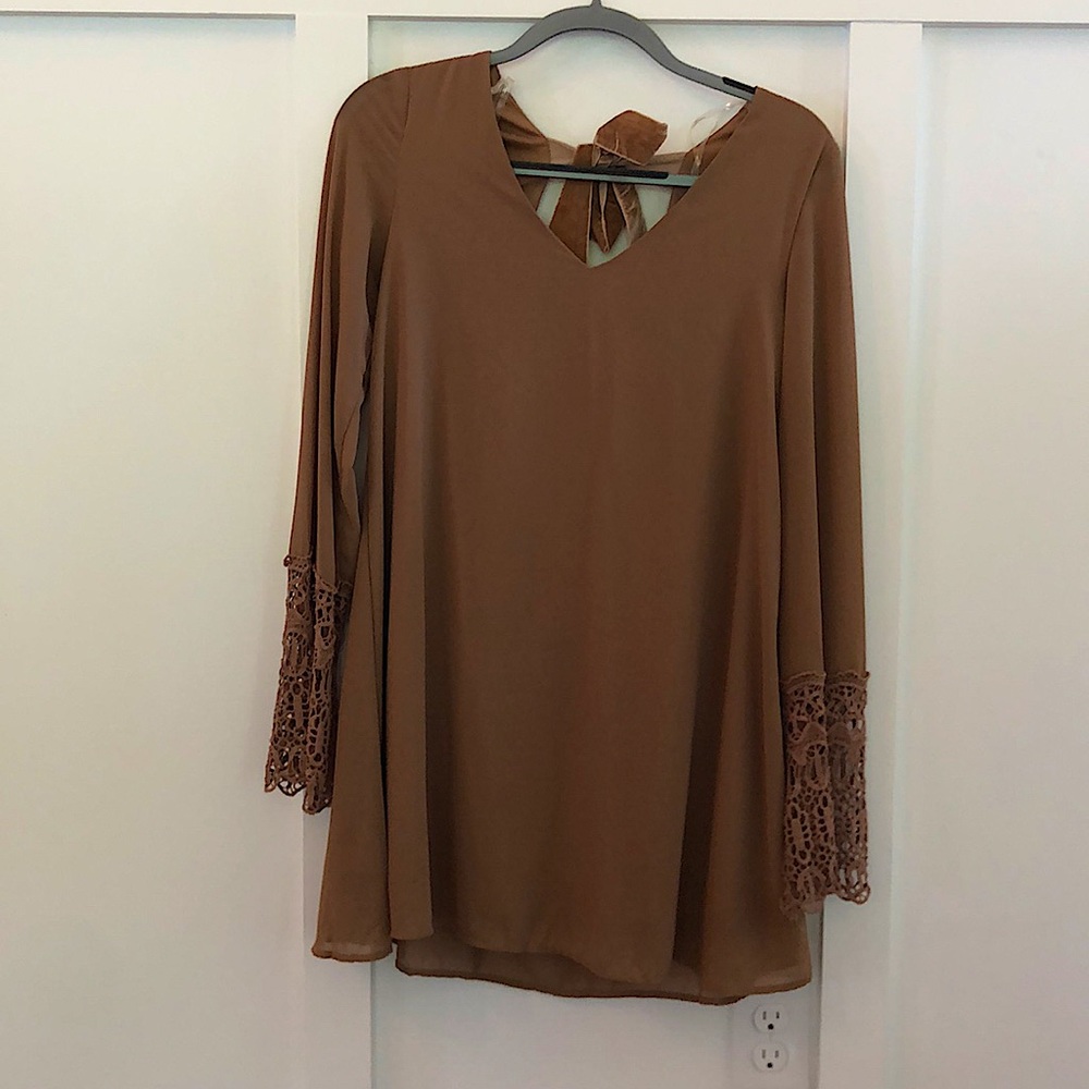 Camel colored dress with lace sleeves & velvet bow